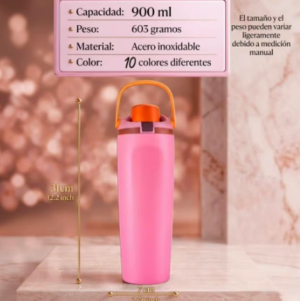 Botella térmica reutilizable con popote integrado y asa,FAB-29, Termo moderno de acero inoxidable 304, 900 ml, práctico, ligero y duradero para el día a día,Tapa Hermética con Boqu