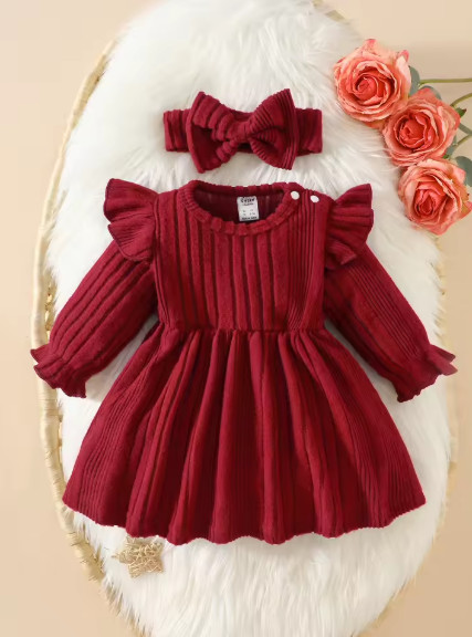Conjunto de 2 piezas de vestido de manga larga y diadema color rojo vino para bebé recién nacida, con tela cómoda y a la moda.