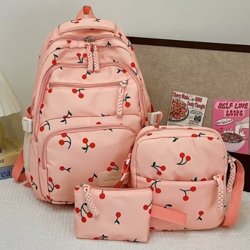 Juego de 3 piezas: mochila moderna y versátil con estampado de frutas, bolsa de gran capacidad estilo escolar, mochila casual y de moda para mujer