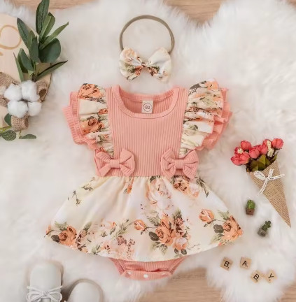 Vestido de verano para niña con lazo, mono a rayas, vestido de algodón para recién nacido, ropa Floral, ropa para gatear