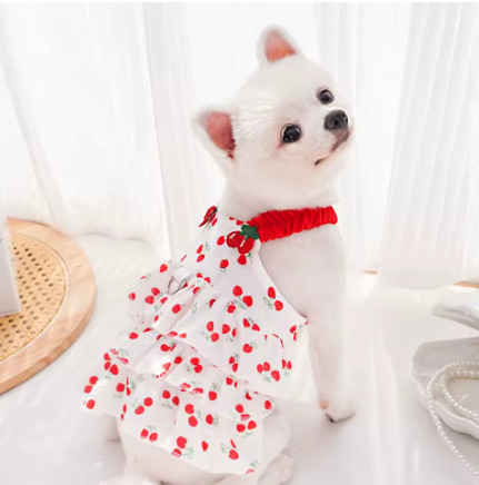 Falda de algodón con diseño de cereza para perro, vestido bonito transpirable con tirantes para mascotas, ropa para perros grandes, falda para gato, vestido de princesa Chihuahua