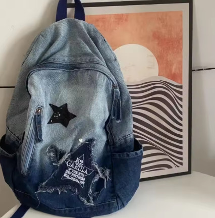 Mochila vaquera informal coreana Y2K, diseño de estrella a la moda, mochila escolar para estudiantes de gran capacidad, bolsa de viaje Punk Vintage para adolescentes