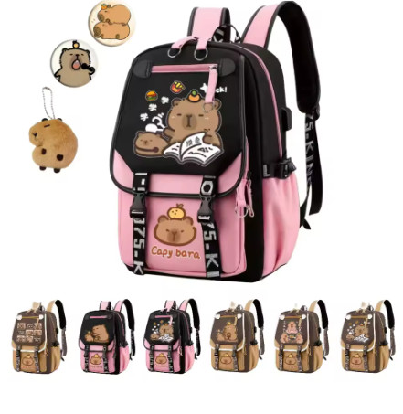 Mochila Capibara Kawaii Escolar 4 Compartimentos Multifuncional Marron Rosa Moda Gran Capacidad Ligera Con Estampado Para Niño Niña Adolecentes Practico