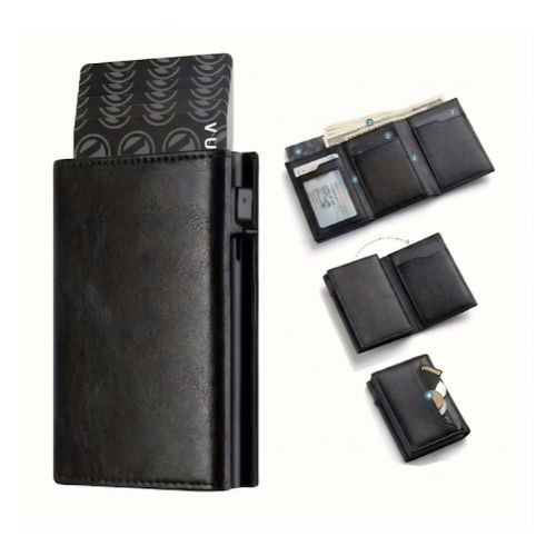Cartera para hombre con cremallera monedero automático emergente tarjetero de Metal minimalista RFID bloqueo tarjeta