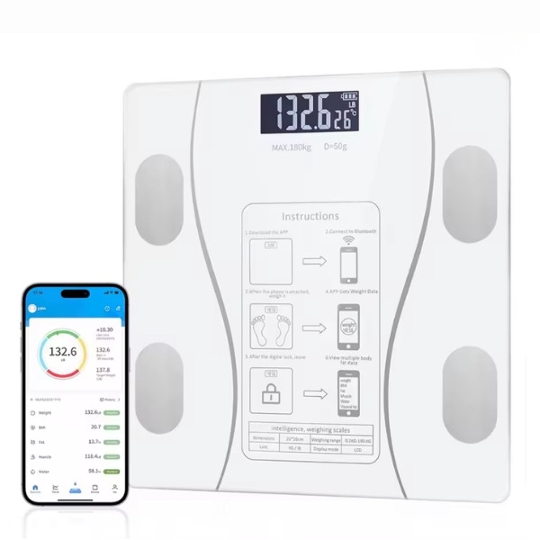 Báscula inteligente de grasa corporal con Pantalla LED - báscula de baño digital con bluetooth, medición precisa de la composición corporal, masa muscular, IMC y análisis de agua c