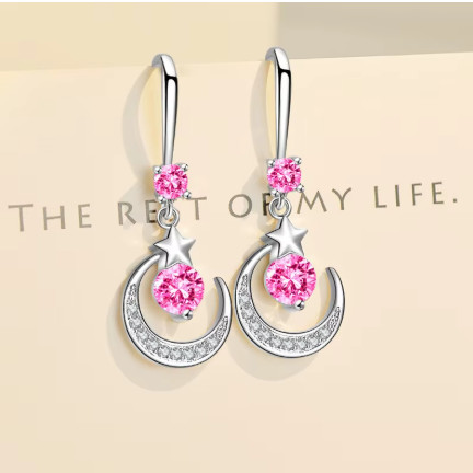 Pendientes de luna y estrella a la moda para mujer, pendientes colgantes artificiales de Plata de Ley 925 con zafiro blanco, rosa, azul y blanco