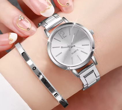 Reloj de pulsera de cuarzo con banda de acero dorado para mujer, conjunto de pulsera con aberturas, 2 uds.