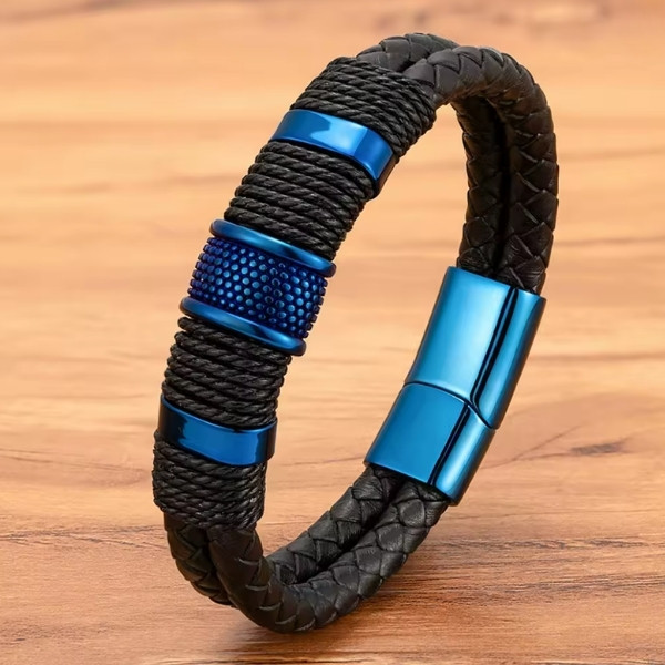 Pulseras de cuero envolventes de cuerda trenzada de doble capa para hombre 21 CM largo, de acero inoxidable