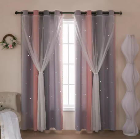 Cortinas perforadas de doble capa degradadas, estrellas ahuecadas, decoración de sombreado para habitación infantil, juego de una pieza
