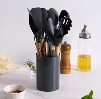 12 utensilios de cocina con cubos cubos de almacenamiento de mango de madera herramientas de cocina antideslizantes cucharas de silicona