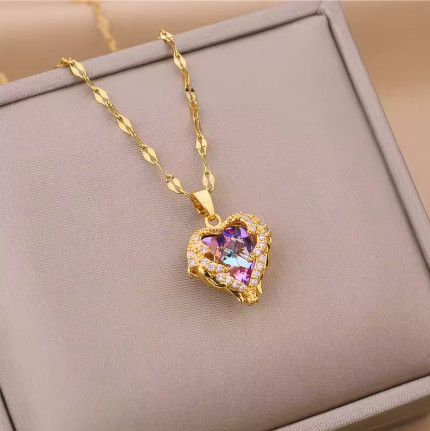 Collar con colgante de corazón de océano de cristal colorido de lujo superior para mujer, joyería de acero inoxidable 316L a la moda, cadena para cuello de boda para mujer